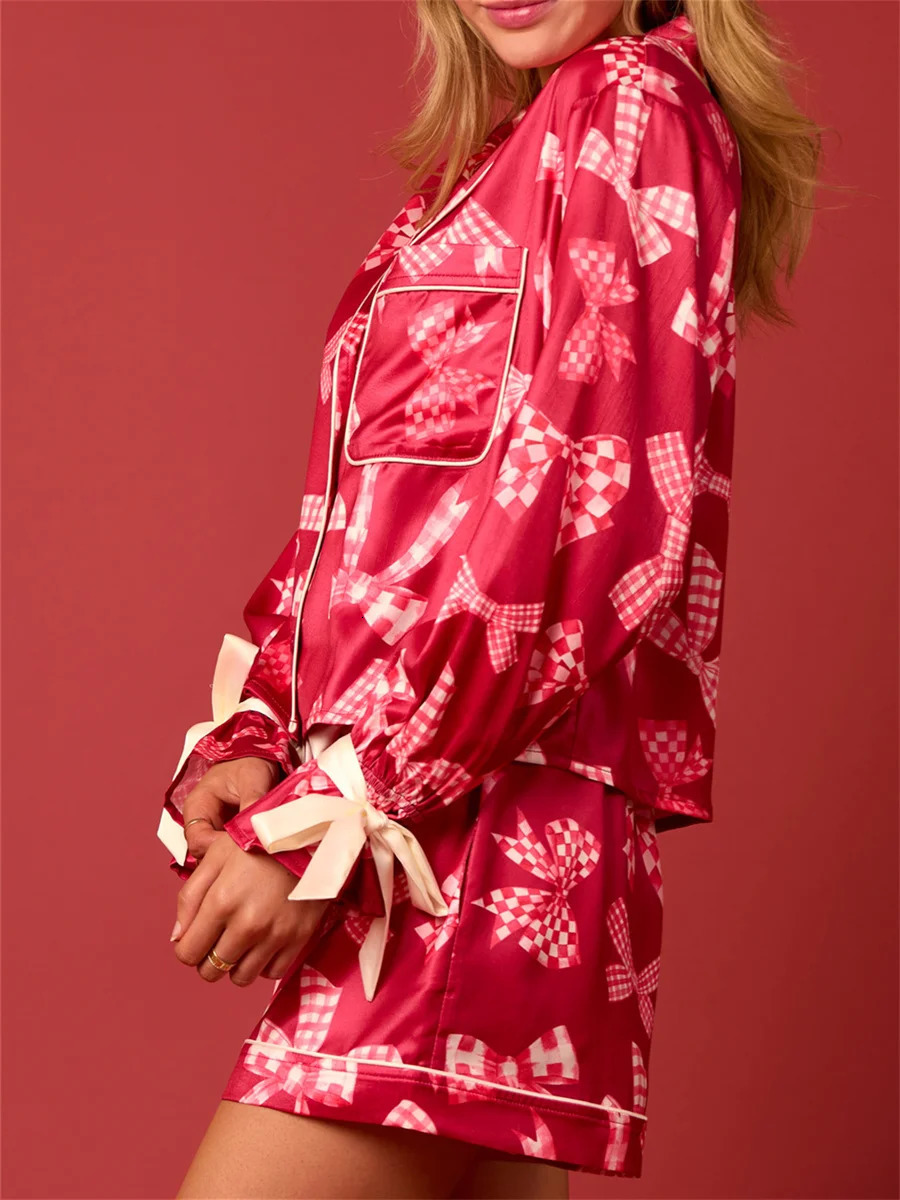 Women 2025 Christmas Pajama Set 2 Piece Button Down Shirt Nutcracker Satin Bow Santa Sleep Shorts Outfit Y2k Loungewear 241112