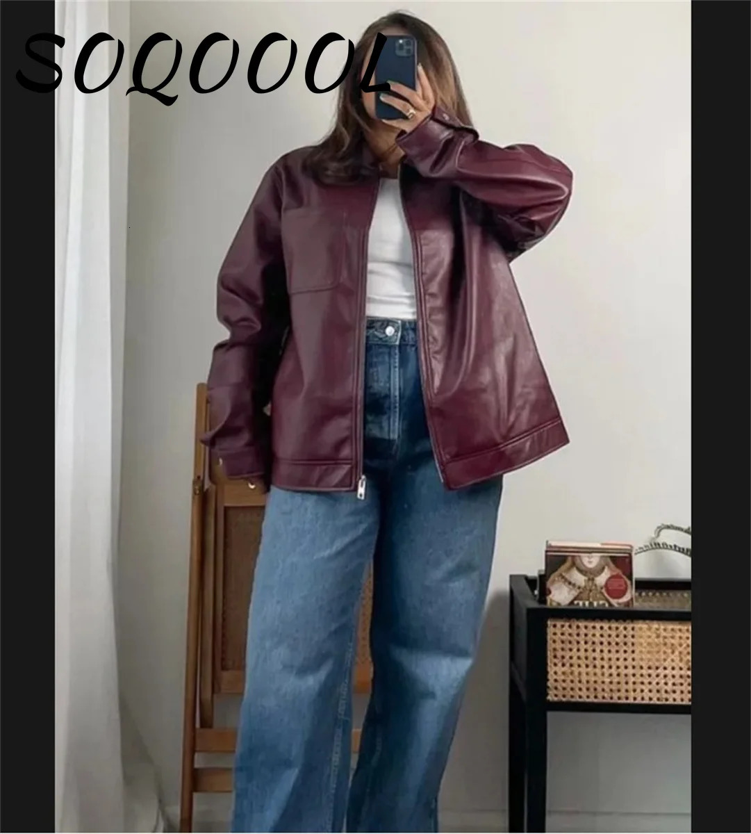 Autumn Womens Fashion Leather Jacket Solid Red Pine Short Jacket Womens Zippered Motorcycle Womens Coat 241111