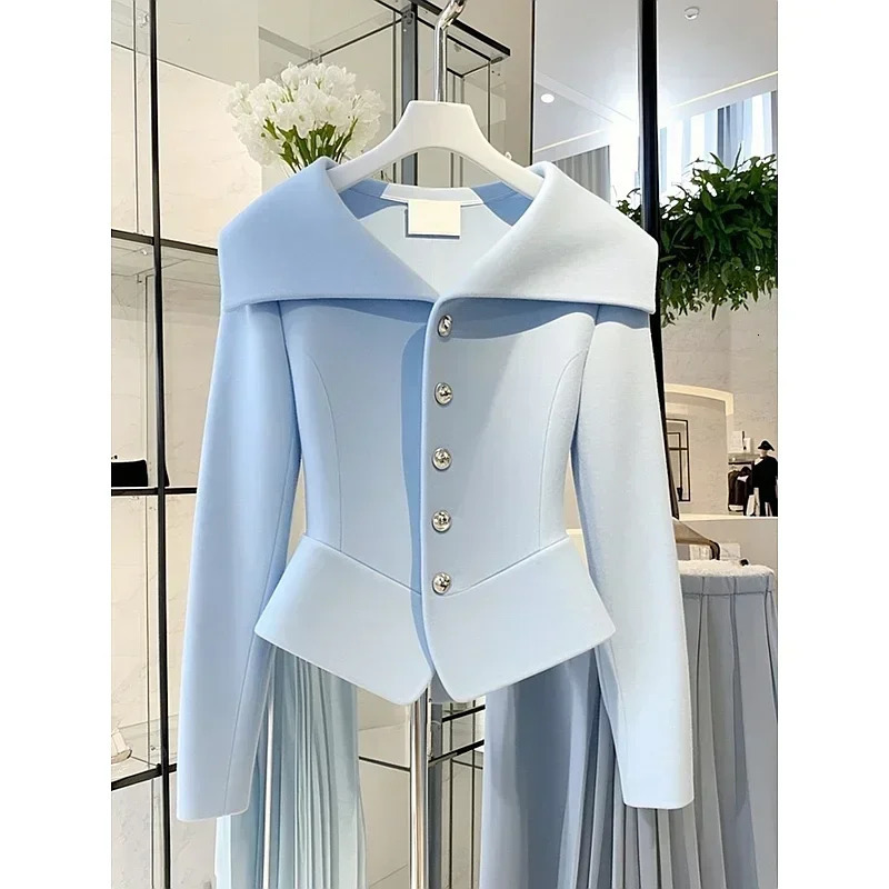 Autumn French Socialite Style Short Jacket Women Top Navy Collar High End Temperament Slim Fit Blazer Coat Clothing 241112