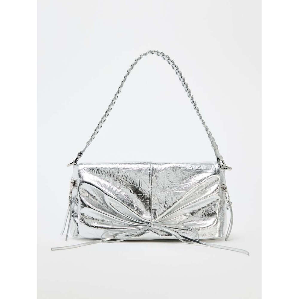 2024 summer new women's senior sense sier bow decoration clamshell metal tie pleated shoulder bag