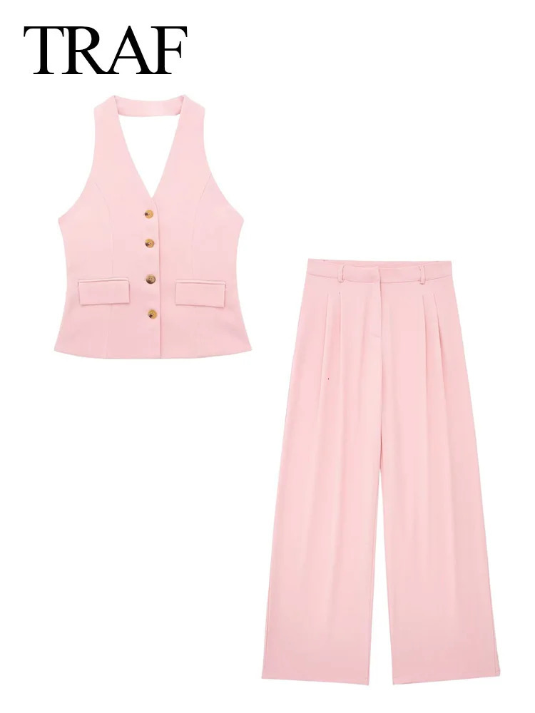 TRAF Women 2 Piece Set Halter Neck SingleBreasted Pocket Sleeveless Vest TopsHigh Waist Zipper Pockets Wide Leg Pant 241111