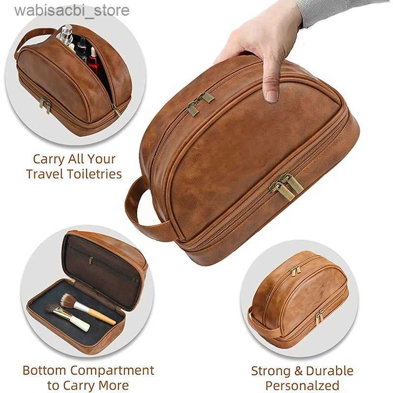 Cosmetic Bags Large Capacity Women Travel Cosmetic Makeup Bag Portable Men Leather Toiletry Shaving Storage Bathroom Wash Bag Multifunctional L49