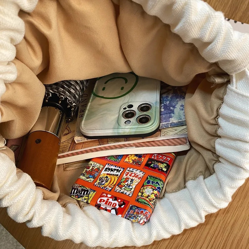 solid color retro style canvas Korean casual womens backpack Harajuku high school student washing canvas drawstring backpack 241111