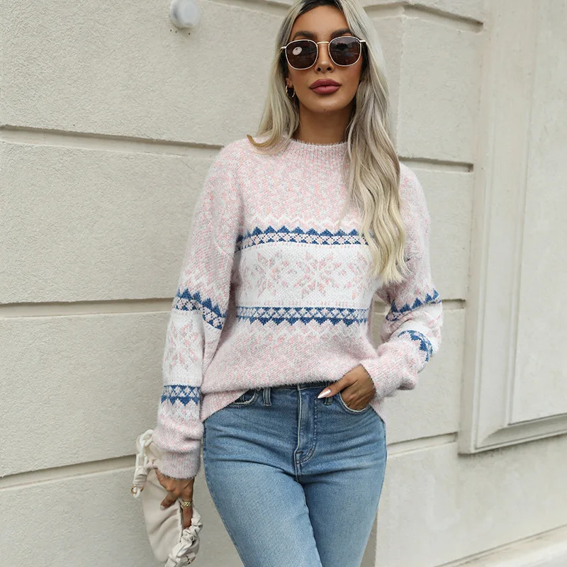 Women Sweater Mock Neck Long Sleeve Sweater Casual Street Fashion Style Christmas Snowflake Pattern Jacquard Weave Sweater 241111