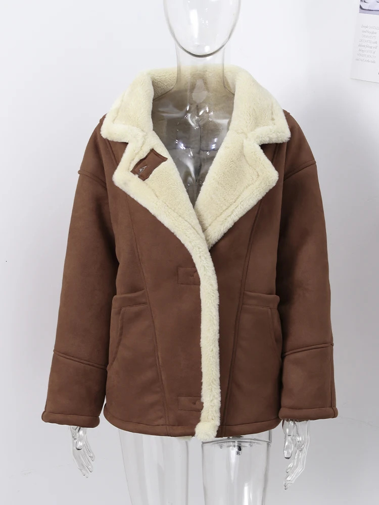 Patchwork Lamb Wool Coats Women Fashion Lapel Full Sleeve Pockets Jackets Female 2024 Winter Warm Thicken Street Overcoat Lady 241112