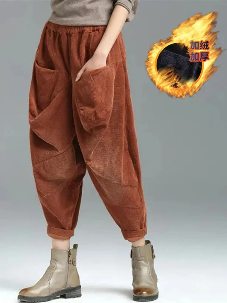 Baggy Winter Harem Pants Womens Warm Plus Velvet Floral Pants Casual High Waist Thick Ankle Length Jogger Retro 241112