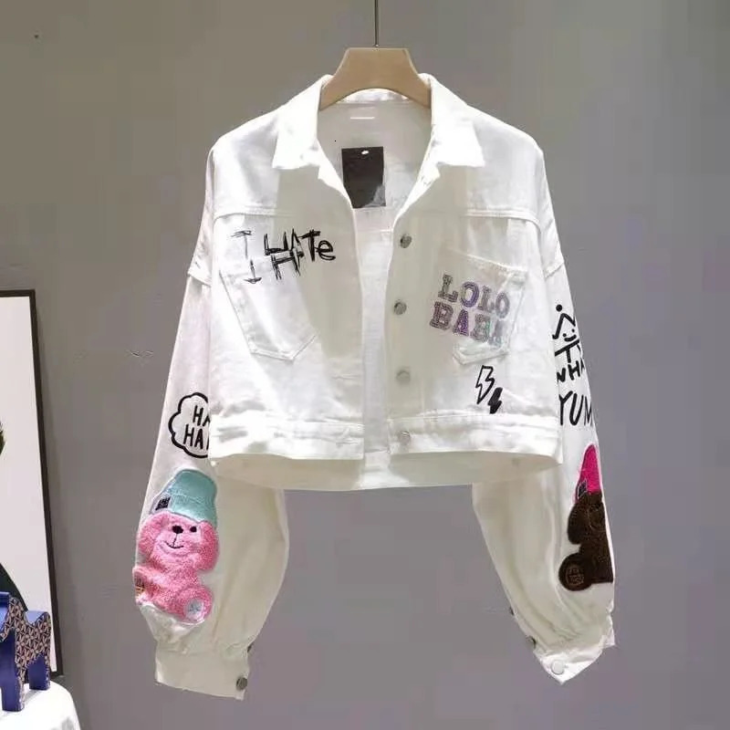 Cartoon flocking letter printed white denim jacket for womens Spring and Autumn short sleeved denim jacket for womens fashion 241112