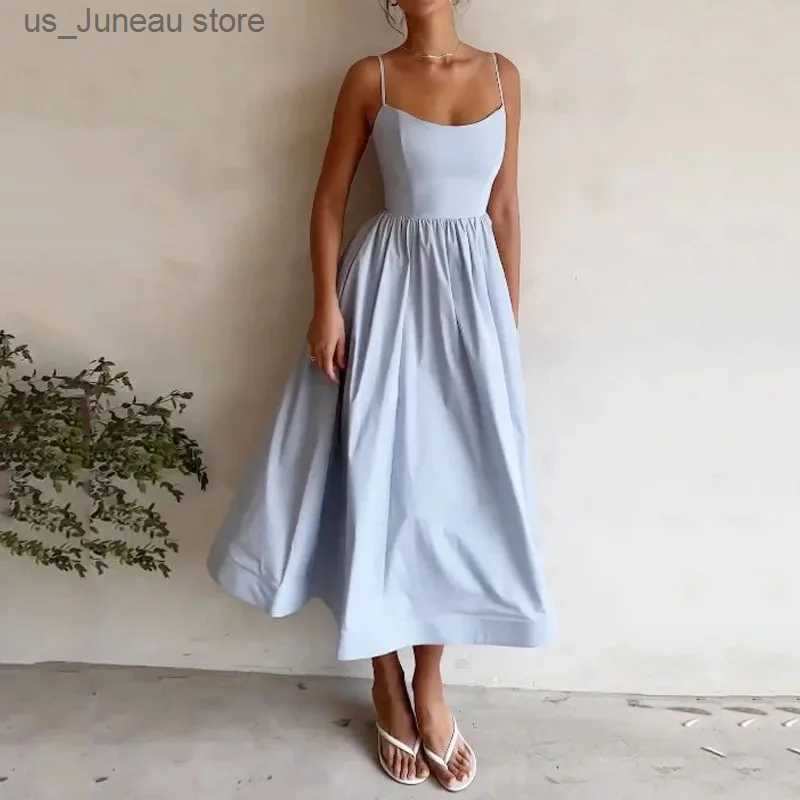 Basic Casual Dresses Fashion Pleated Strap Dress Women Elegant Solid Slveless Midi Dresses Summer Casual Female Robe Vestidos Holiday 1 T240415