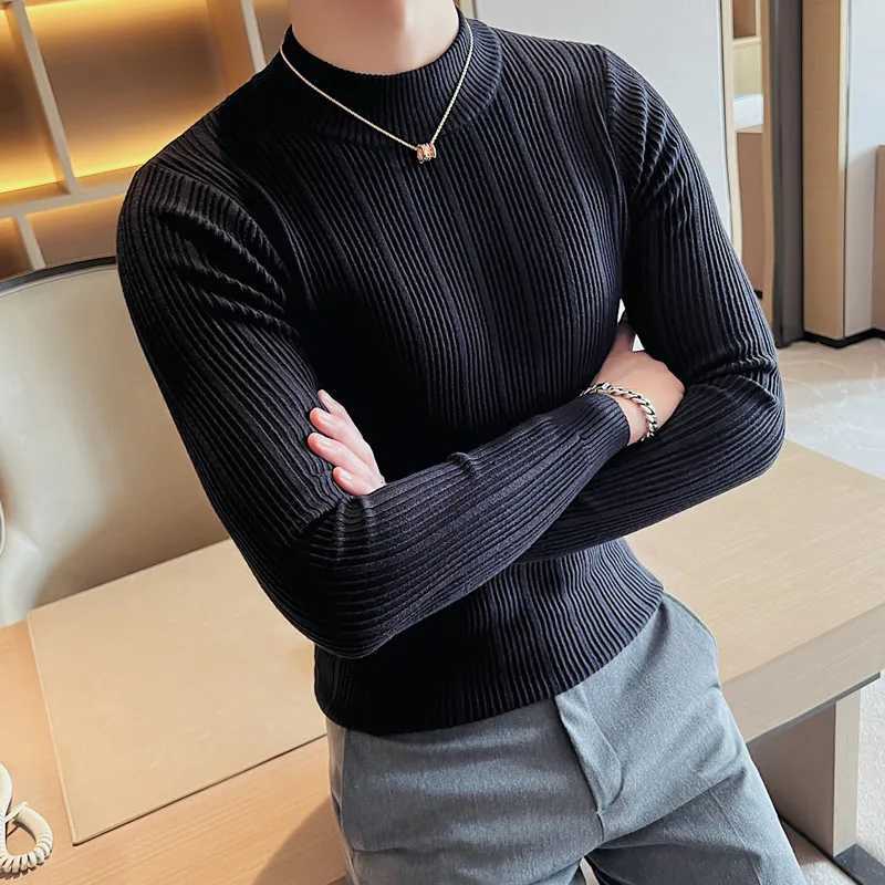 Plus Size 4XL-M Autumn/Winter Half Neck Striped Sweater Mens Elastic Knitted Lanka Korean Ultra Thin Solid Tight Sweater Top W2411111
