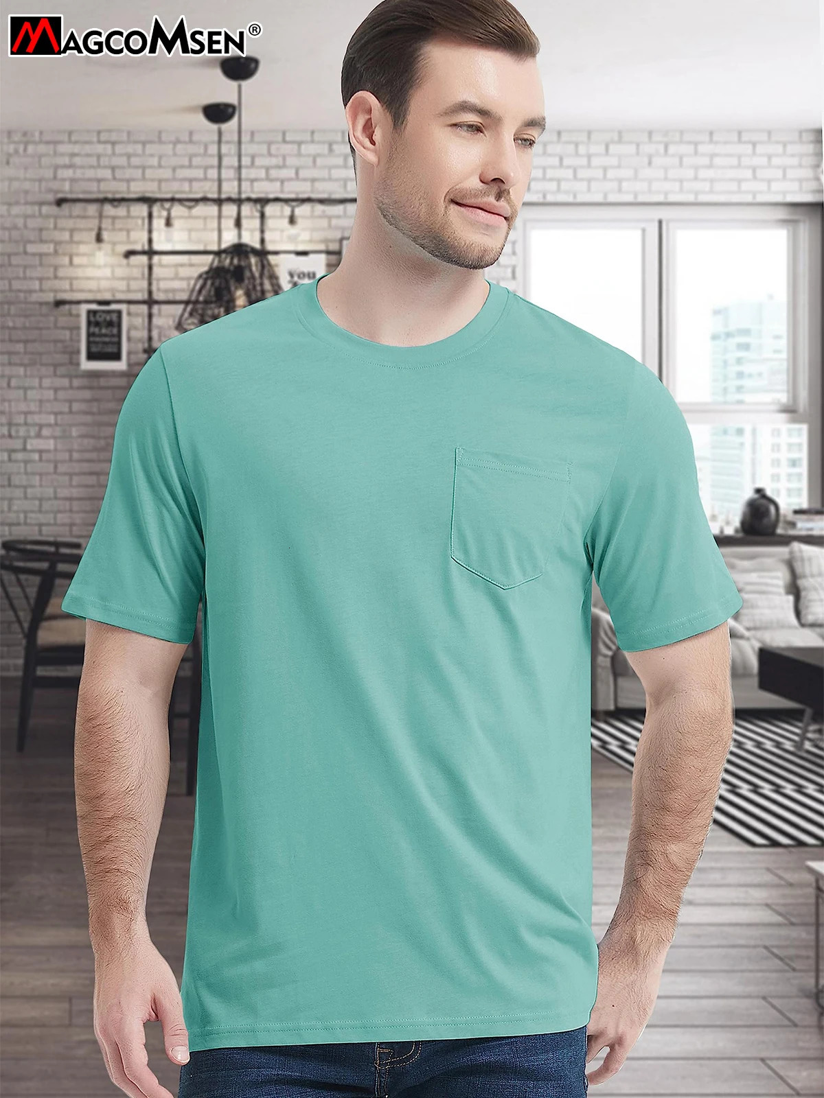 MAGCOMSEN Cotton Crew Neck Mens Casual T-shirt with Chest Pocket Moisturizing Short Sleeve Soft Daily Top 241112