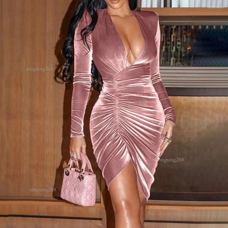 Casual Dresses Elegant V Neck Velvet Long Sleeve Split Asymmetric Ruched Mini Bodycon Dress Autumn Winter Women Sexy Party Ball Gown