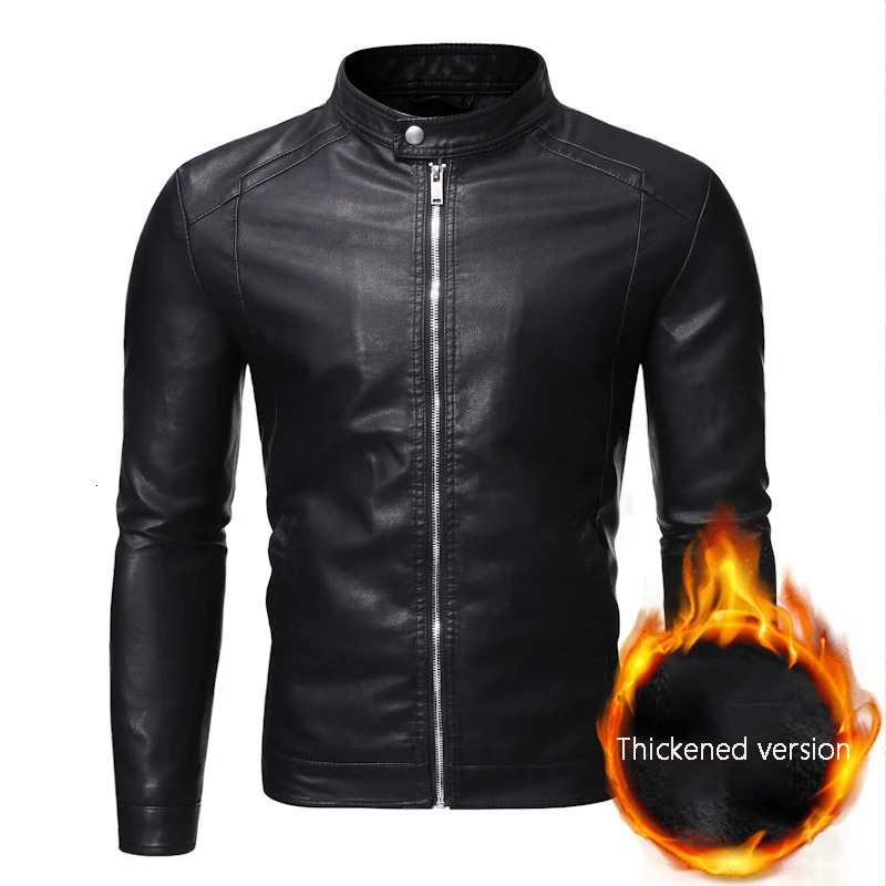 Mens standing collar leather jacket autumn oversized slim motorcycle cycling suit winter thickened PU work clothes 241108