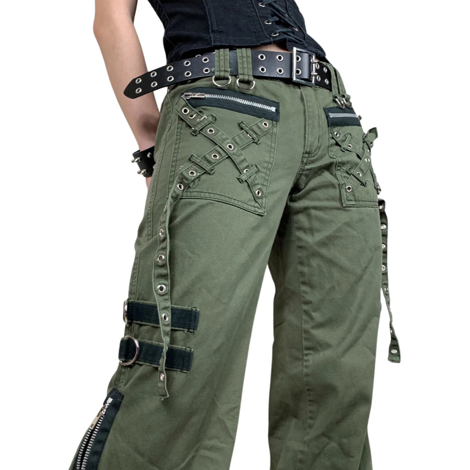 Y2k Fashion Punk Style Autumn Cargo Pants Punk Low-Waist Zipper Fly Casual Pants with Pockets for Girls Green 241112