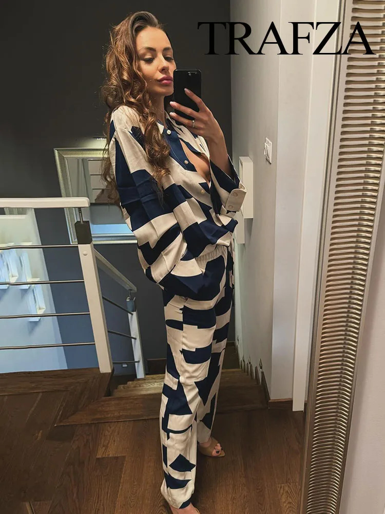 TRAFZA Spring Women Suits Geometric TurnDown Collar Long Sleeves Single Breasted ShirtsElastic Waist LaceUp Wide Leg Pants 240412