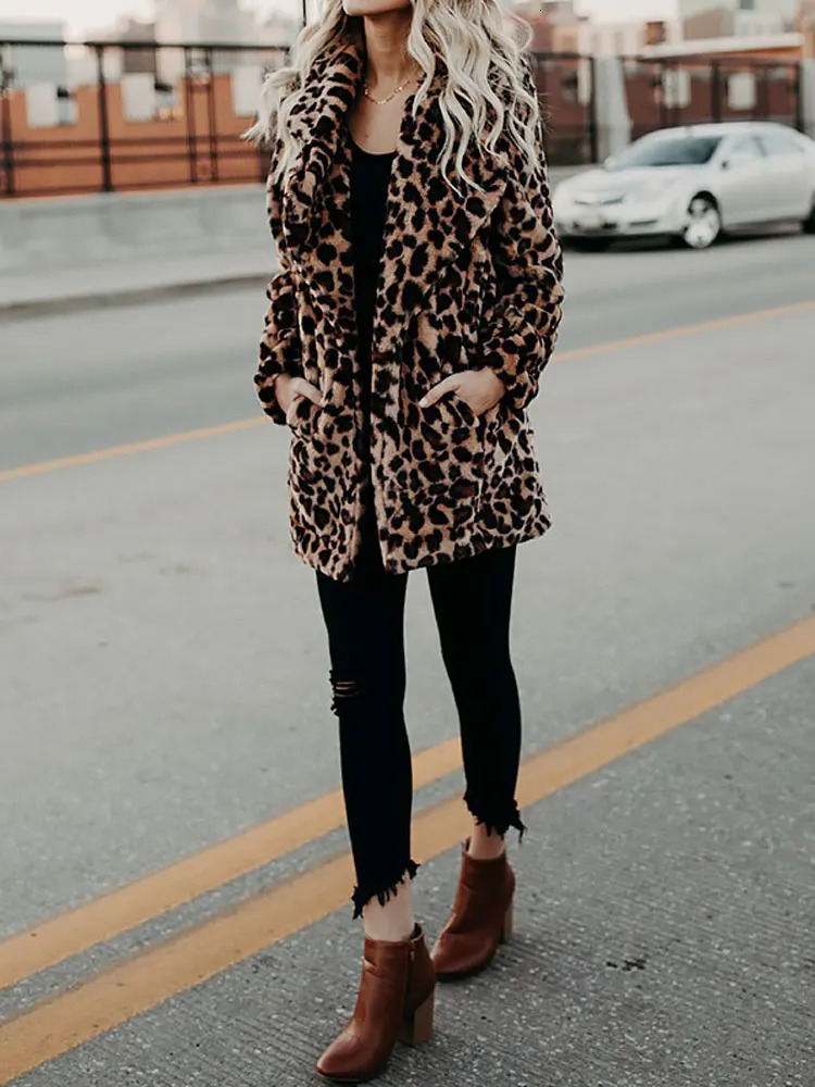 Autumn leopard print faux fur coat womens long winter coat womens warm womens fur jacket womens fur coat 241112