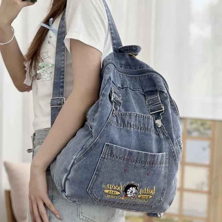 Fashionable Harajuku style denim clothing cool cartoon cute large backpack capacity student backpack for school 241111