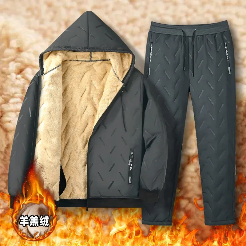 Winter Wool Fleece Parka Sets Men Warm Tracksuits Thick Lamb Two Pieces Set Mens Tracksuit Hooded Jacket Pants 241111