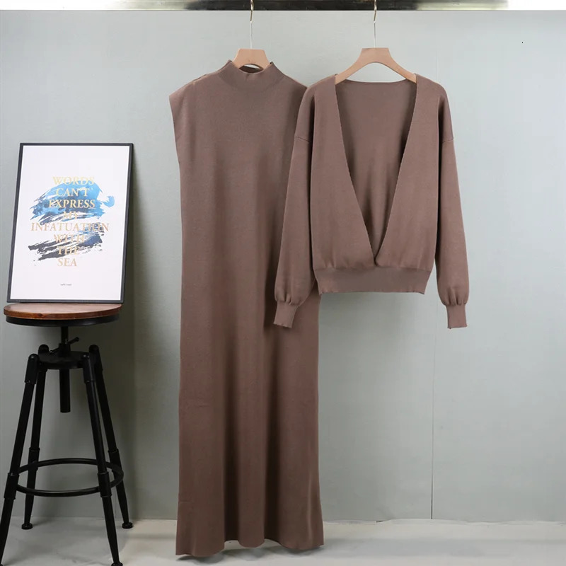 Knitted Womens Sweater Set Autumn Winter Fashion Sleeveless Long Sleeve Sweater Top Two Piece Se 241112