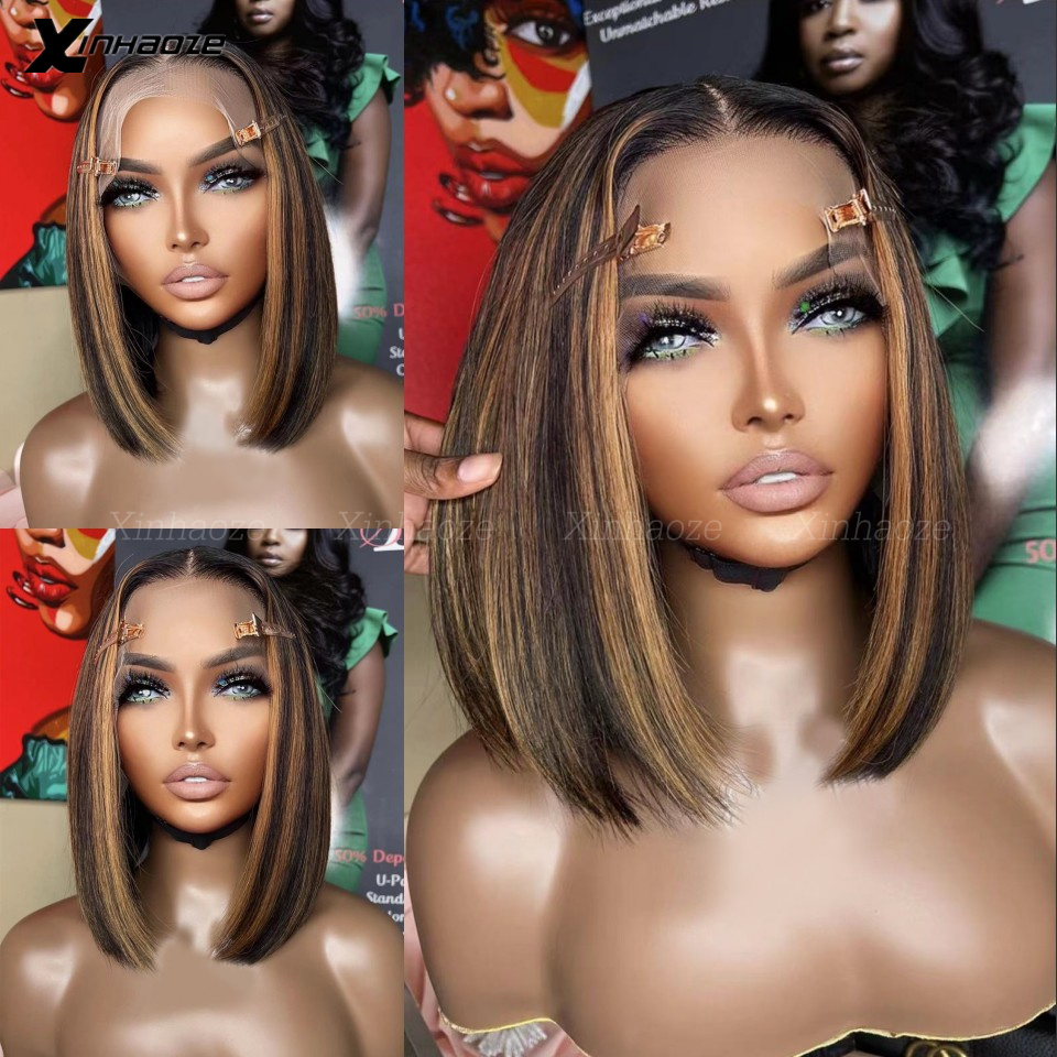 13x6 Bob Wig 4/30 Straight Lace Front Wig Transparent Lace 5x5 Silk Top Wigs Highlight Brown Colored Human Hair Wig 180 Density 5e63c