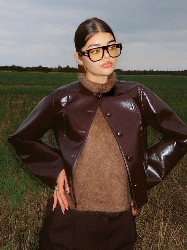 Fashionable reddish brown womens Pu leather bodysuit set elegant lapel long sleeved single corset womens chic mini bodysuit 241112