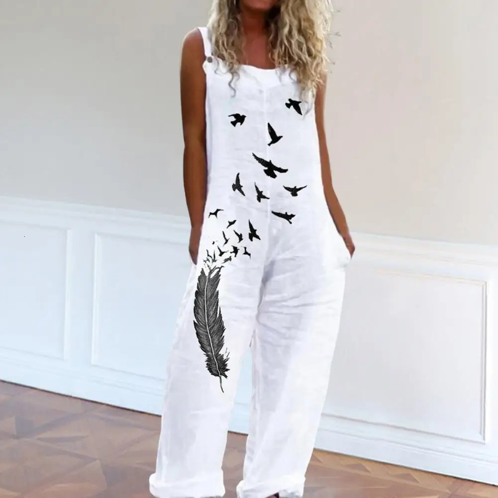 Casual loose jumpsuit womens spaghetti long camisole summer print cotton linen wide leg pants bib cover sleeveless jumpsuit 241112