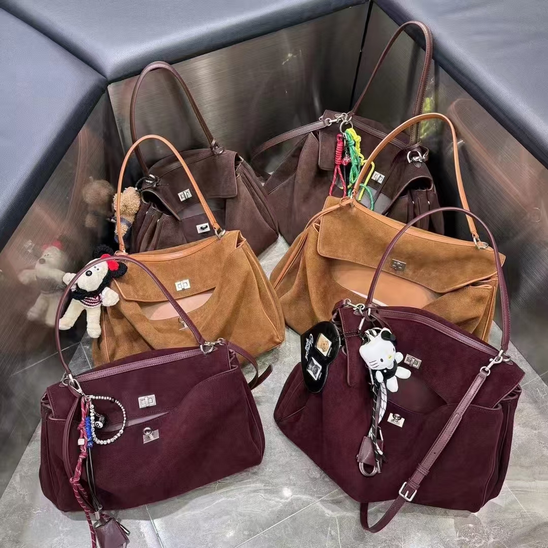 New Cowhide Capacity Full Suede Tote Used Underarm Hand-Held Single Shoulder Crossbody Large Women's Bag Cartoon