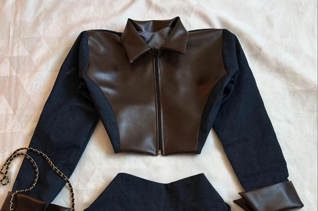 Gothic fashion leather splicing work two-piece clothing set for womens sweetheart Harajuku Gothic leather jacket casual skiing set 241112