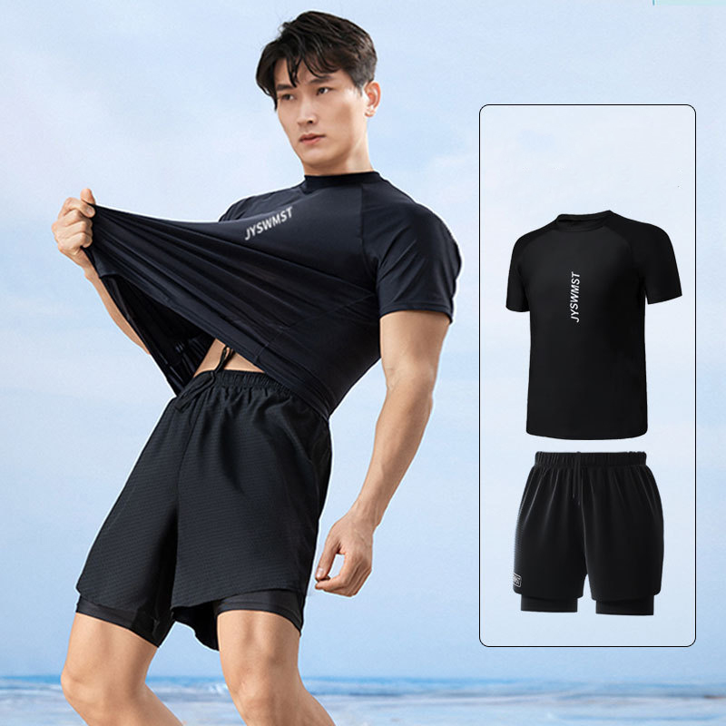 Men Swimsuit 2 Piece Set Shirt And Double Layer Shorts Rashguard Wetsuit Beach Surfing Board Sportswear Water Park Clothing 9b779