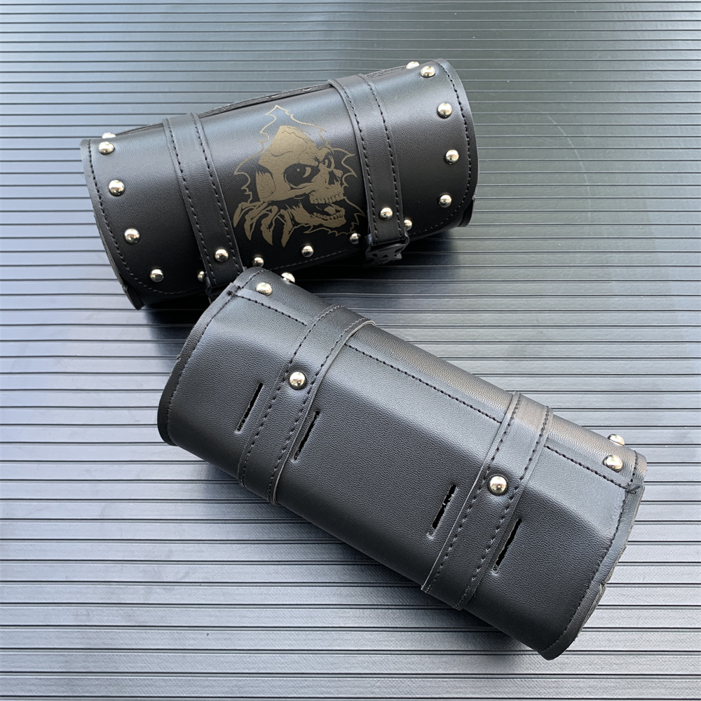 Universal Black Skull Motorcycle Handlebar Durable Waterproof PU Leather Saddlebags Storage Pocket Tools Holder Bag