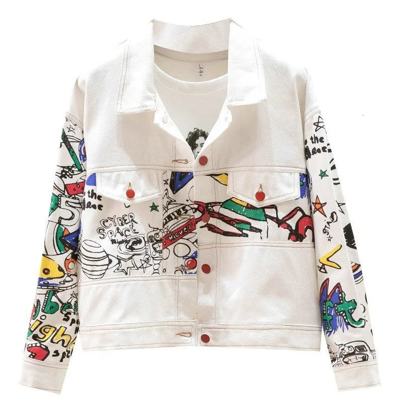 Cartoon graffiti printed denim jacket for womens spring and autumn fashion white denim jacket for womens sweet top 241112
