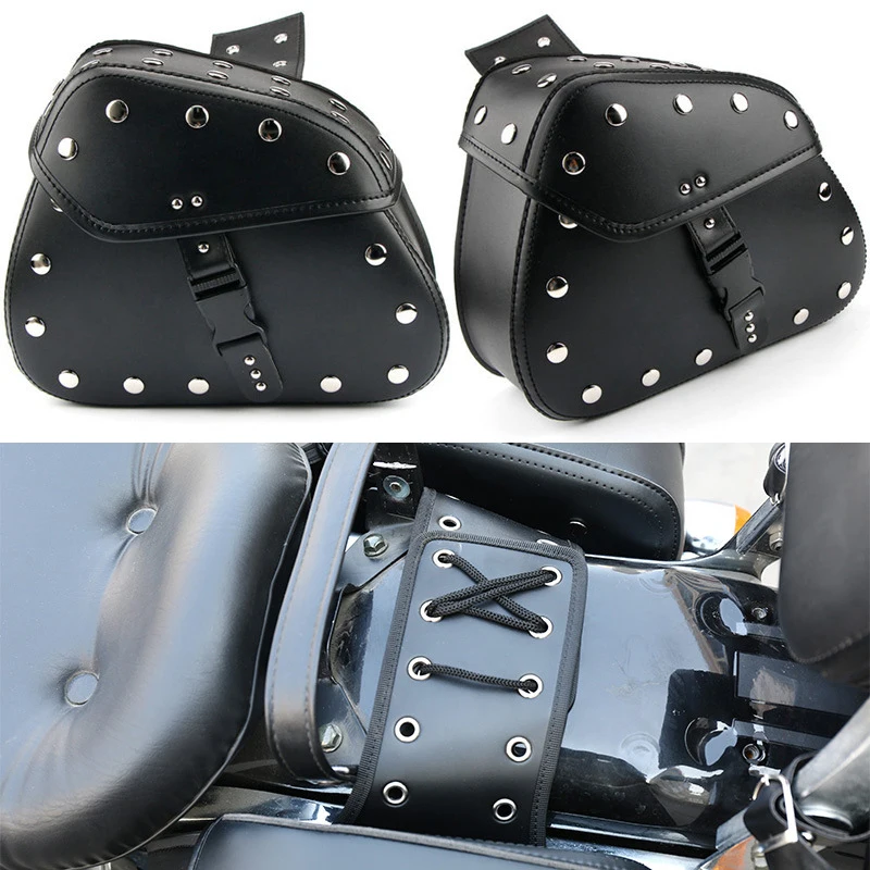 2pcs Universal Motorcycle Pu Leather Outdoor Lage Boxes XL Black Saddle Bags Waterproof Bag Motorbike Side Tool
