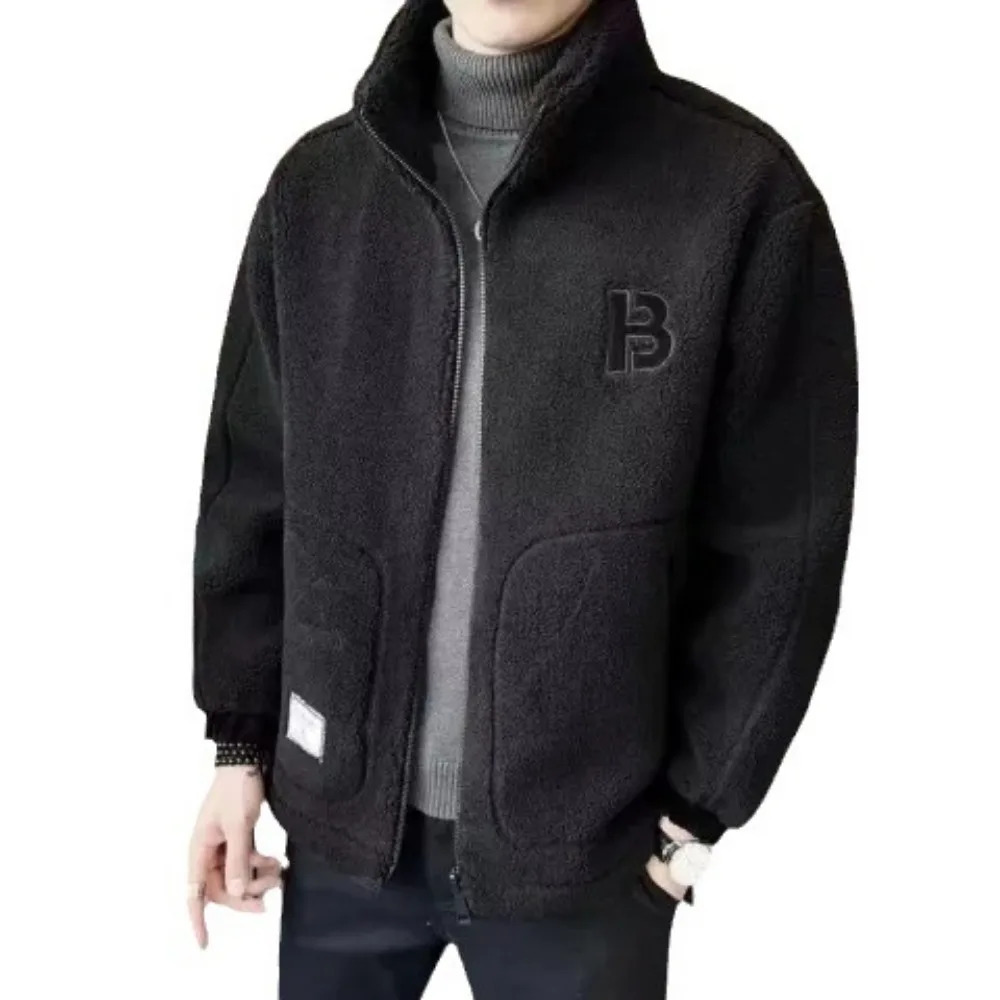 Men Lamb Wool Coats Mens Thicken Warm Jackets Hip Hop Streetwear Casual Fleece Oversized Fashion Zip Up Stand Jacket 241111