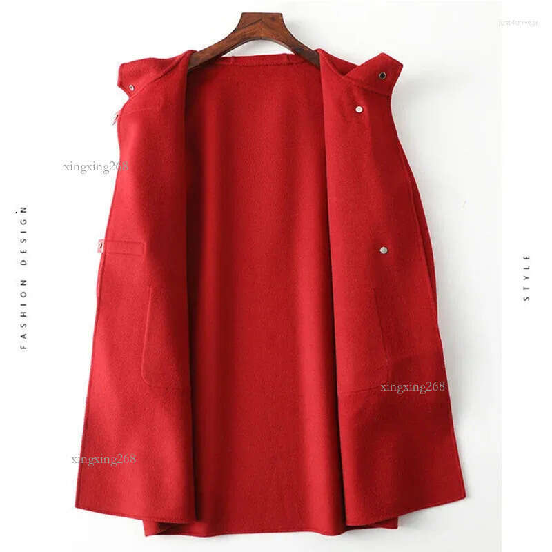 Women's Wool Double Side Cashmere Coat Women Autumn Winter Hooded Loose Long Woolen Camel Red Outerwear Clothing Female