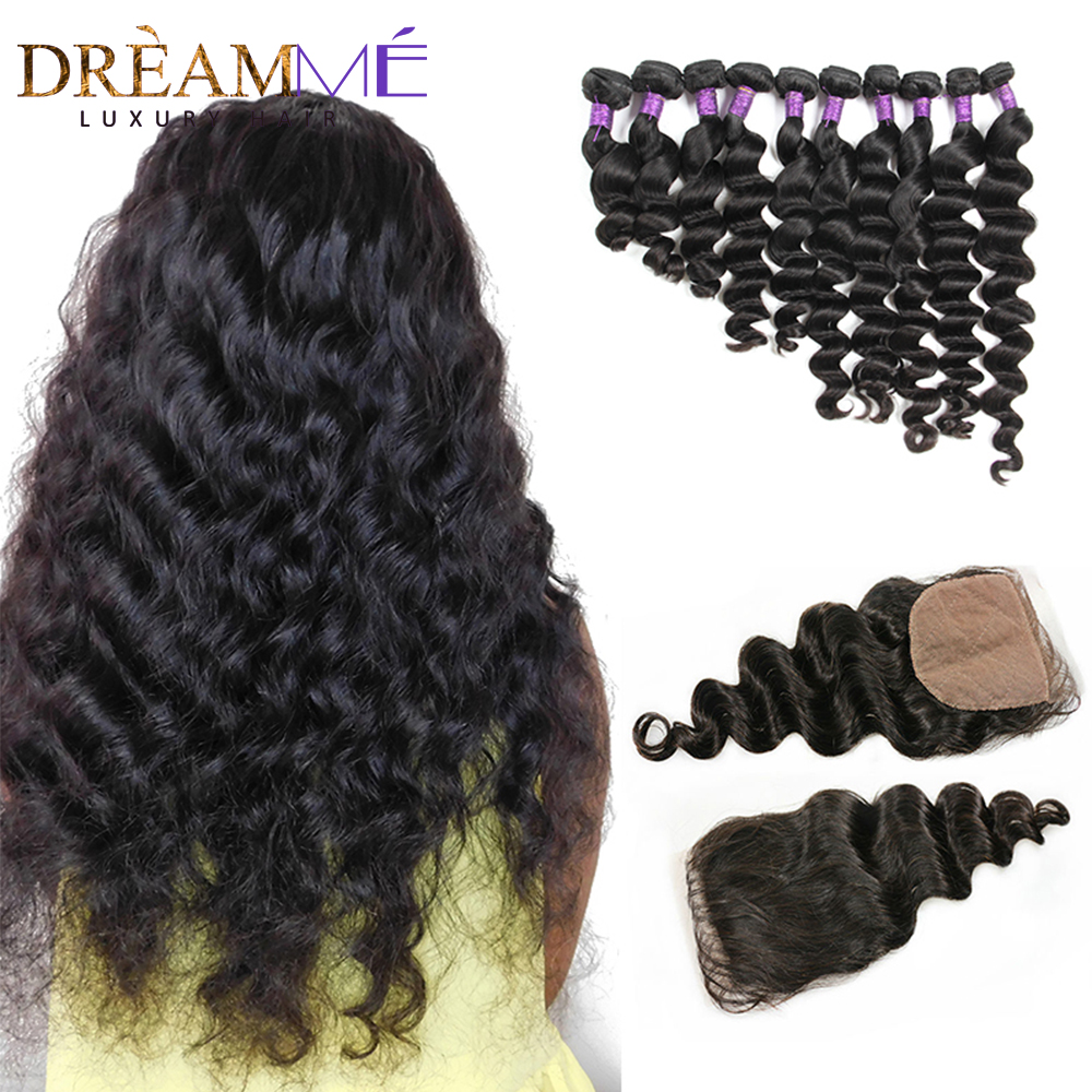 Loose Wave Bundles With Silk base Closure Brazilian Human Hair Bundles With 4x4 Lace Closure 3/4 Bundles Natural Hair Extensions 10c25