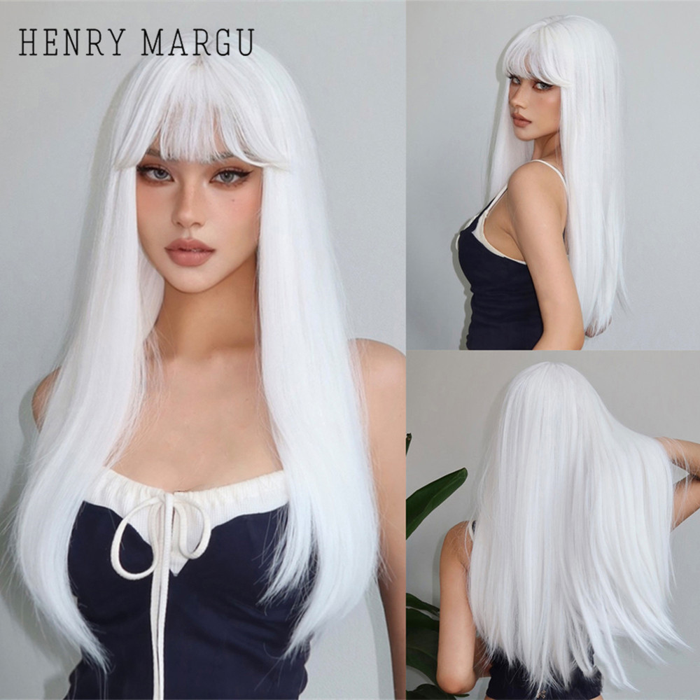 HENRY MARGU White Long Straight Synthetic Wigs for Women Colorful Cosplay Party Fake Hair with Bangs White Wig HighTemperature ab6c8