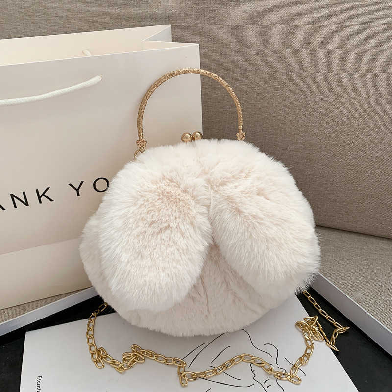 Trendy Girl Cute Plush Bag with Rabbit Ears Casual Clip on Handbag Fashionable Chain Crossbody Bags Purses 241112