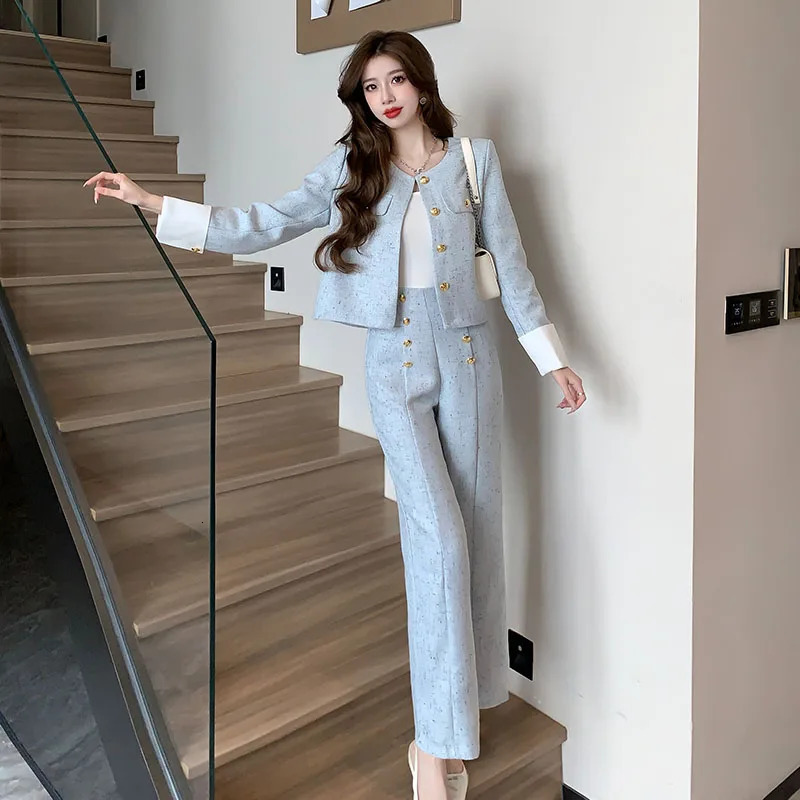 Fall Winter Vintage Two Piece Sets Outfits Women Elegant Tweed Slim Long Trousers Short Coat Top Female Casual Clothes 241112