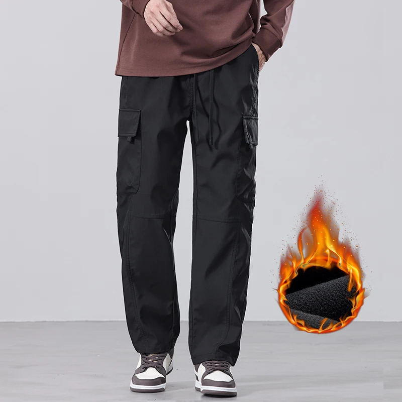 Mens Fleece Cargo Pants Winter Fashion Casual Pants Large Pockets Loose Velvet Trousers Male Plush Thickened Warm Pants 241112