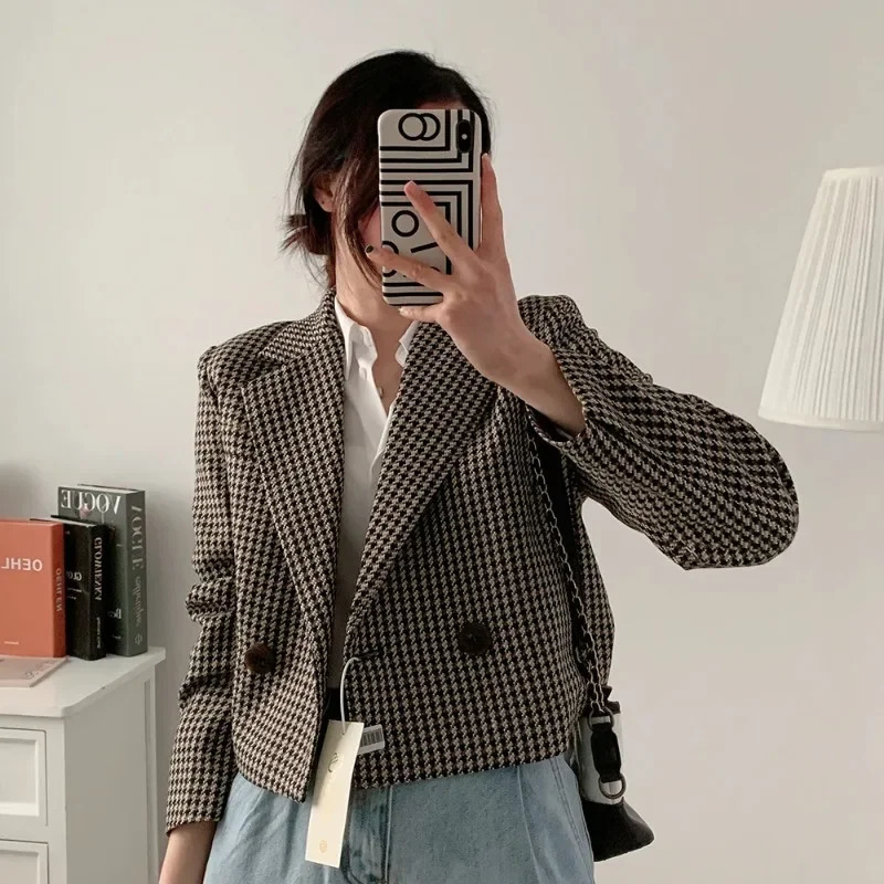 Spring Autumn Vintage Plaid Crop Blazer Top Chic Elegant Office Clothing Lady Streetwear Suit Jacket Women Double Breasted Coats 241112