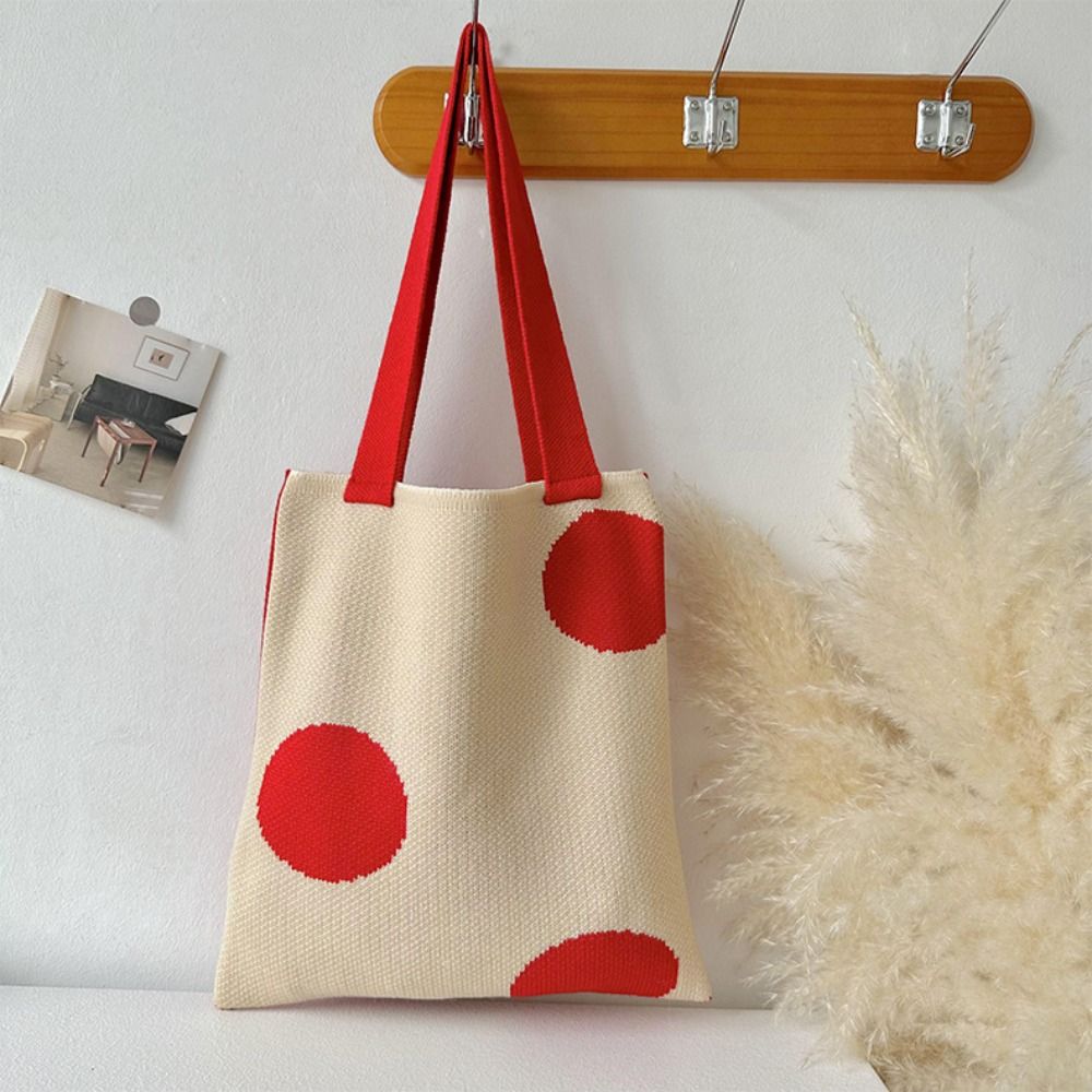 Wave Point Knit Handbag Reusable High-capacity Knit Knot Wrist Bag Tote Bag Student 36a70