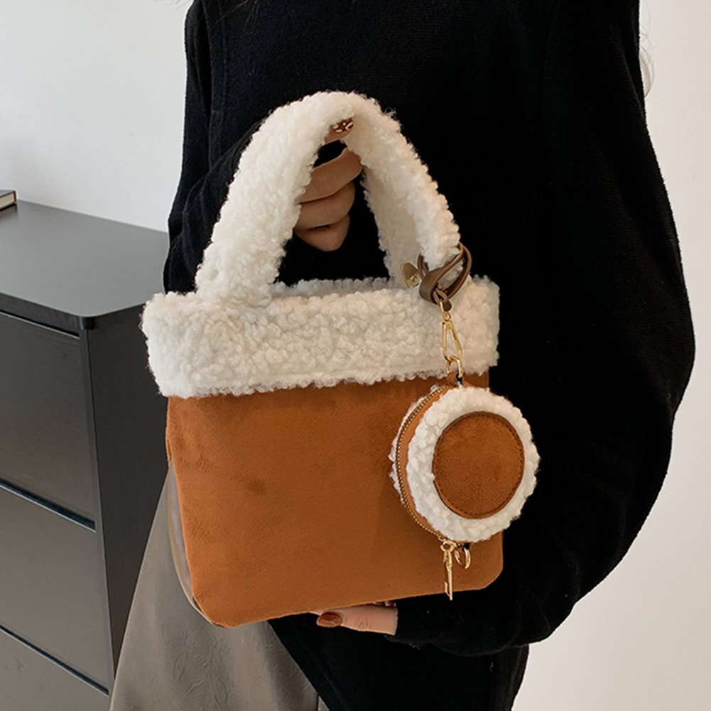 Women Faux Lamb Wool Handbag Versatile Plush Crossbody Bag with Coin Bag Fluffy Tote Handbag Messenger Bag Satchel Stylish Purse
