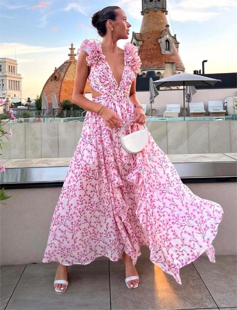 Women Summer Ral Holiday Dress Elegant Sleeveless V Neck Cut Out Appliques Long High Street Going Party Casual Dresses