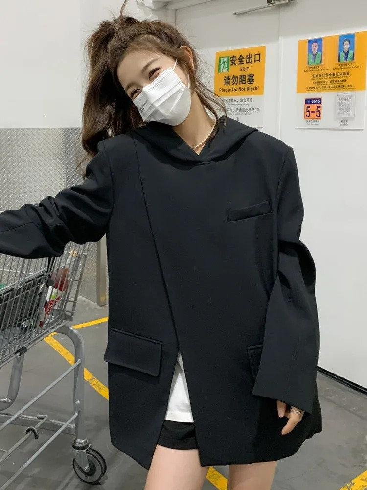 Women Black Hooded Suit Pullover Blazer Irregular Split n Spring Autumn Korean Top Loose Femme Streetwear 241112