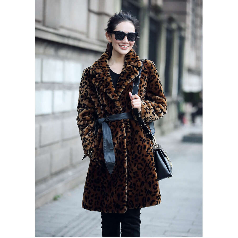 shanshi fur coat women Leopard print winter clothing new sheep shearing fur integrated women's mid to long coat