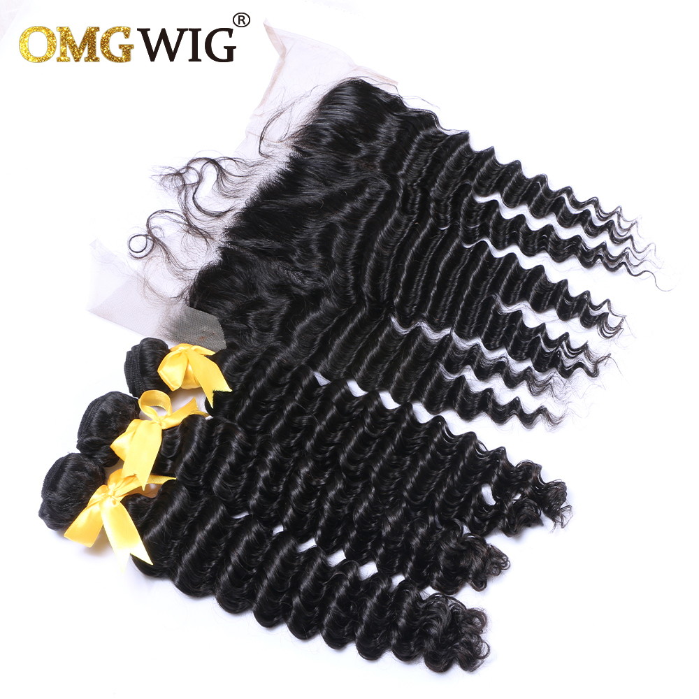 Deep Wave Natural Color Hair Bundles With 13x4 Base Closures Brazilian Human Hair Free Part Bleached Knots Transparent Lace dc3d3