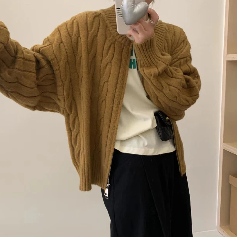 solid color zipper knitted cardigan womens autumn and winter casual twisted long sleeved sweater jacket 241112