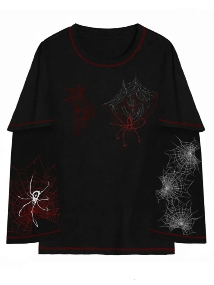 Deeptown Y2k Gothic Harajuku Spider T-shirt Womens Gothic Dark Street T-shirt Black Long Sleeve Top Autumn Spring 241112