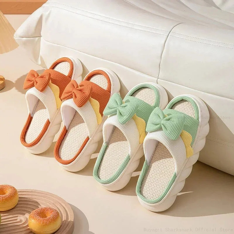 Linen Slippers Women Indoor Slippers Comzy Anti-Slip House Cotton Shoes Cute Bowknot Flat Slipper Couples Slides Spring Summer 241112