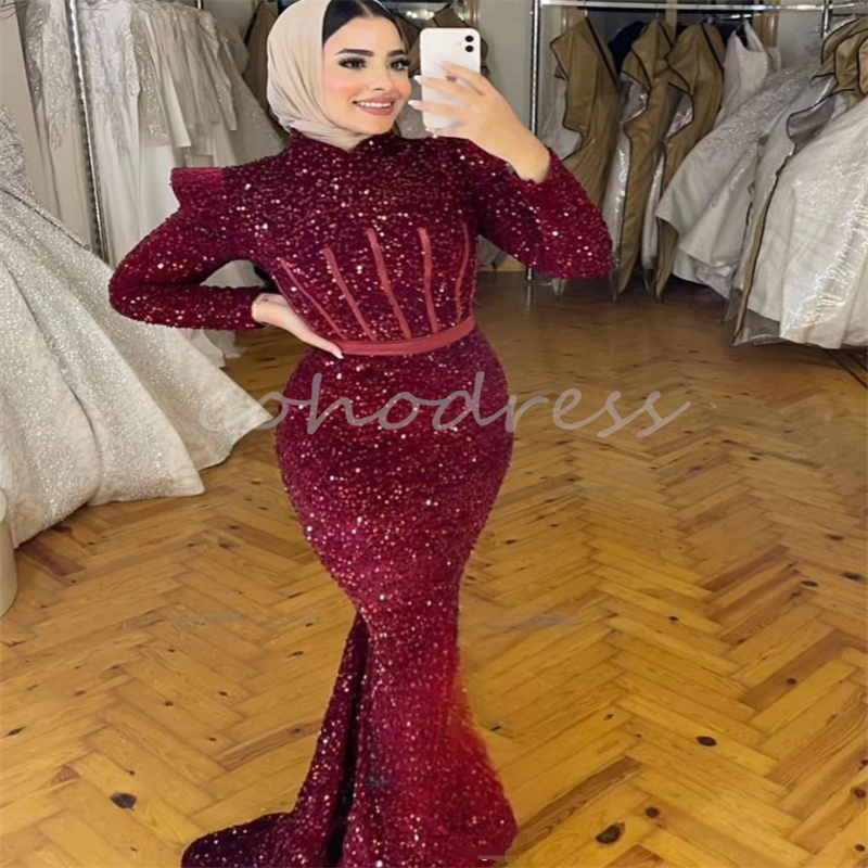 Glitter Dark Red Arabia Dubai Evening Dresses Sparkly Sequin Mermaid Muslim Prom Dress Long Sleeve Birthday Formal Abaya Reception Party Gowns Vestio 