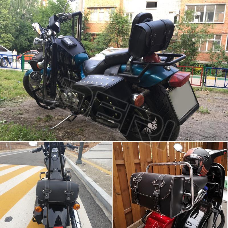 Black Motorcycle Lage Bag Leather Outdoor Toolkit Motorbike Rear Passager Seat Pouch Waterproof For Scooter Cafe Racer Bobber